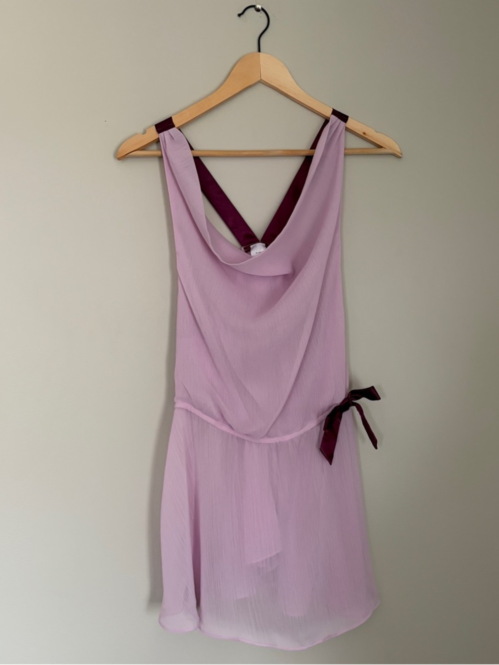 Y2K sheer purple cowl neck going out top with satin straps